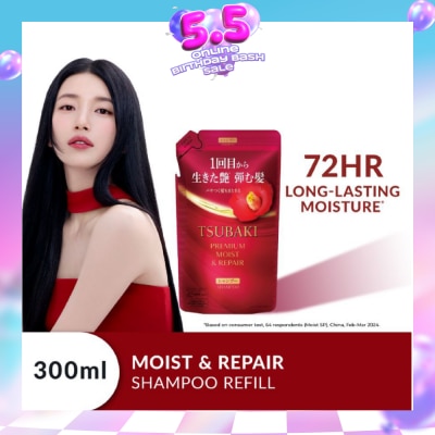TSUBAKI - Premium Moist & Repair Shampoo Refill (72 Hours Moisture Retention, Instant Hydration & Improves Frizzy Hair) 300ml