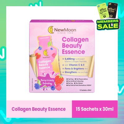 NEW MOON Collagen Beauty Essence 5,600mg Collagen With Vitamin C & E Berry-Liciously Refreshing Sachet (To Firms & Brightens Skin, Strengthens Hair & Nails) 30ml x 15s
