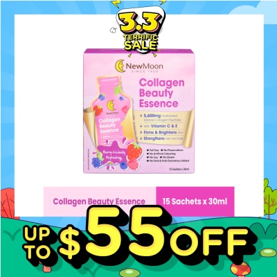 NEW MOON Collagen Beauty Essence 5,600mg Collagen With Vitamin C & E Berry-Liciously Refreshing Sachet (To Firms & Brightens Skin, Strengthens Hair & Nails) 30ml x 15s