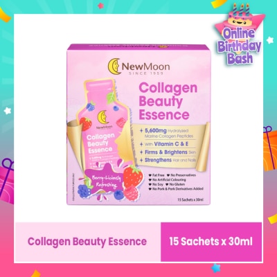 NEW MOON Collagen Beauty Essence 5,600mg Collagen With Vitamin C & E Berry-Liciously Refreshing Sachet (To Firms & Brightens Skin, Strengthens Hair & Nails) 30ml x 15s