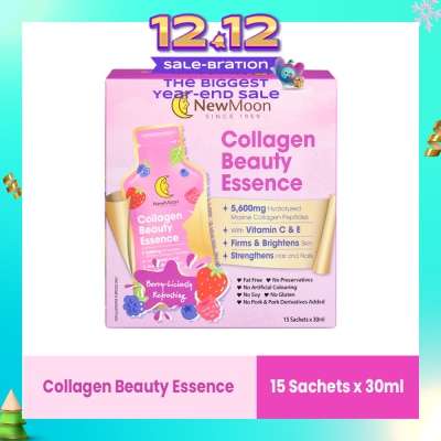 NEW MOON Collagen Beauty Essence 5,600mg Collagen With Vitamin C & E Berry-Liciously Refreshing Sachet (To Firms & Brightens Skin, Strengthens Hair & Nails) 30ml x 15s