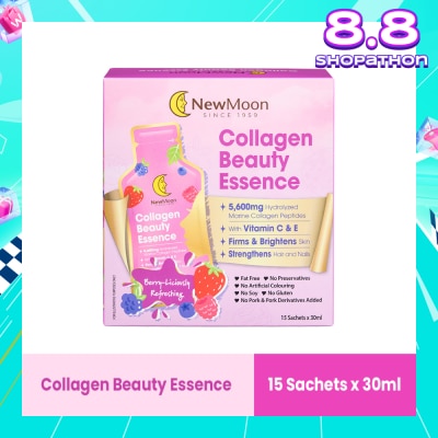 NEW MOON Collagen Beauty Essence 5,600mg Collagen With Vitamin C & E Berry-Liciously Refreshing Sachet (To Firms & Brightens Skin, Strengthens Hair & Nails) 30ml x 15s