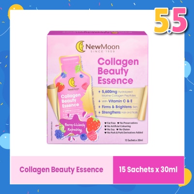 NEW MOON Collagen Beauty Essence 5,600mg Collagen With Vitamin C & E Berry-Liciously Refreshing Sachet (To Firms & Brightens Skin, Strengthens Hair & Nails) 30ml x 15s