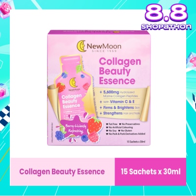 NEW MOON Collagen Beauty Essence 5,600mg Collagen With Vitamin C & E Berry-Liciously Refreshing Sachet (To Firms & Brightens Skin, Strengthens Hair & Nails) 30ml x 15s