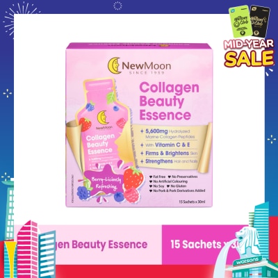 NEW MOON Collagen Beauty Essence 5,600mg Collagen With Vitamin C & E Berry-Liciously Refreshing Sachet (To Firms & Brightens Skin, Strengthens Hair & Nails) 30ml x 15s