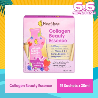 NEW MOON Collagen Beauty Essence 5,600mg Collagen With Vitamin C & E Berry-Liciously Refreshing Sachet (To Firms & Brightens Skin, Strengthens Hair & Nails) 30ml x 15s