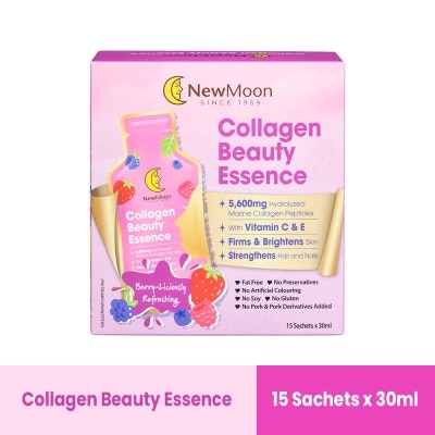 NEW MOON Collagen Beauty Essence 5,600mg Collagen With Vitamin C & E Berry-Liciously Refreshing Sachet (To Firms & Brightens Skin, Strengthens Hair & Nails) 30ml x 15s