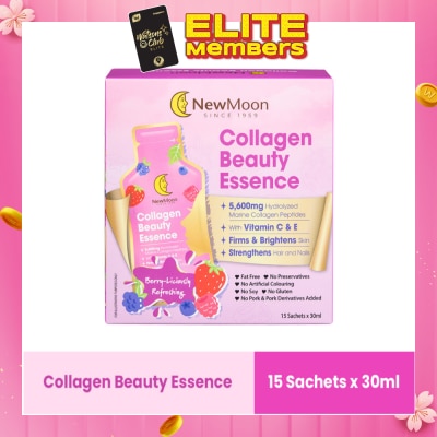 NEW MOON Collagen Beauty Essence 5,600mg Collagen With Vitamin C & E Berry-Liciously Refreshing Sachet (To Firms & Brightens Skin, Strengthens Hair & Nails) 30ml x 15s