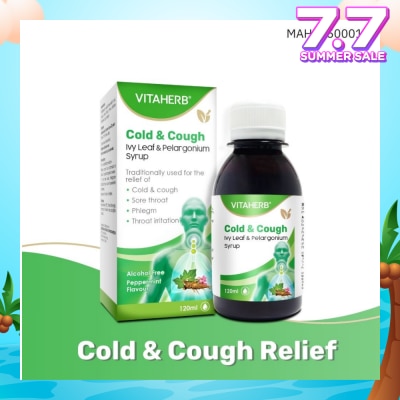 VITAHERB Cold & Cough Ivy Leaf & Pelargonium Syrup (To Relief Cold & Cough, Sore Throat, Phlegm & Throat Irritation) 120ml