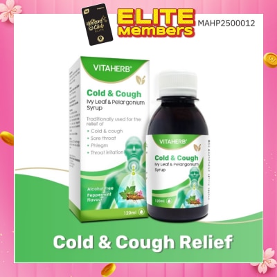 VITAHERB Cold & Cough Ivy Leaf & Pelargonium Syrup (To Relief Cold & Cough, Sore Throat, Phlegm & Throat Irritation) 120ml