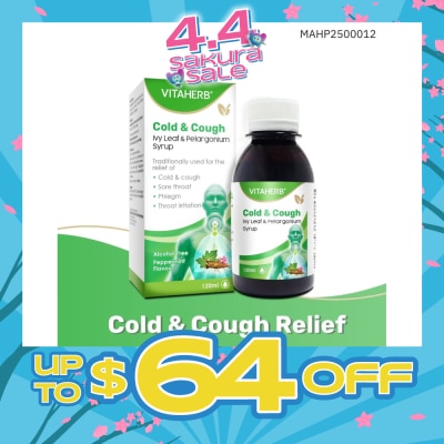 VITAHERB - Cold & Cough Ivy Leaf & Pelargonium Syrup (To Relief Cold & Cough, Sore Throat, Phlegm & Throat Irritation) 120ml