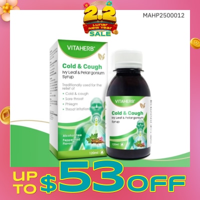 VITAHERB Cold & Cough Ivy Leaf & Pelargonium Syrup (To Relief Cold & Cough, Sore Throat, Phlegm & Throat Irritation) 120ml