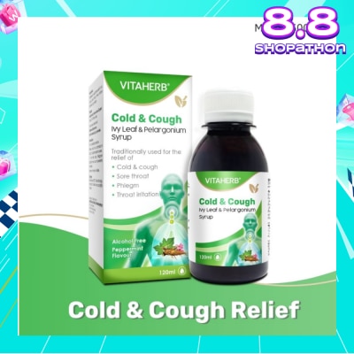 VITAHERB Cold & Cough Ivy Leaf & Pelargonium Syrup (To Relief Cold & Cough, Sore Throat, Phlegm & Throat Irritation) 120ml