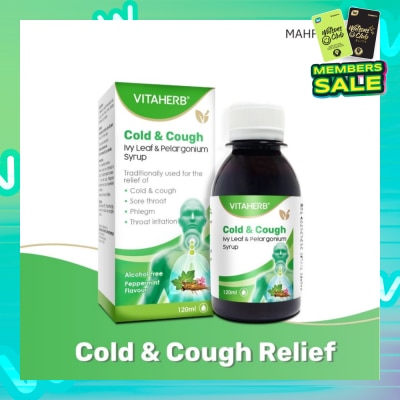 VITAHERB Cold & Cough Ivy Leaf & Pelargonium Syrup (To Relief Cold & Cough, Sore Throat, Phlegm & Throat Irritation) 120ml