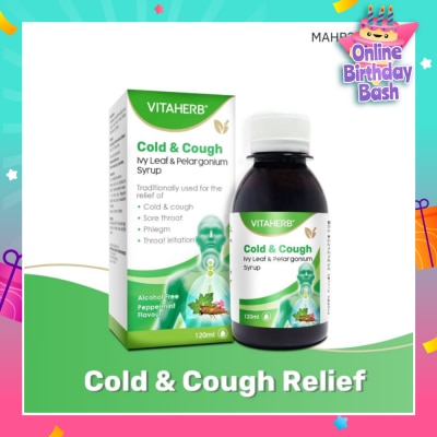 VITAHERB Cold & Cough Ivy Leaf & Pelargonium Syrup (To Relief Cold & Cough, Sore Throat, Phlegm & Throat Irritation) 120ml
