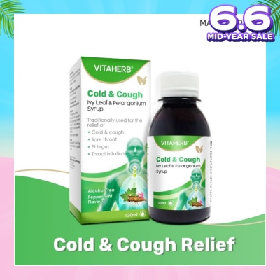 VITAHERB Cold & Cough Ivy Leaf & Pelargonium Syrup (To Relief Cold & Cough, Sore Throat, Phlegm & Throat Irritation) 120ml