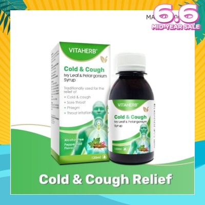 VITAHERB Cold & Cough Ivy Leaf & Pelargonium Syrup (To Relief Cold & Cough, Sore Throat, Phlegm & Throat Irritation) 120ml
