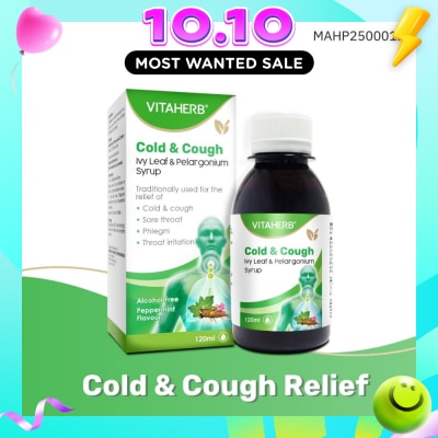 VITAHERB Cold & Cough Ivy Leaf & Pelargonium Syrup (To Relief Cold & Cough, Sore Throat, Phlegm & Throat Irritation) 120ml image