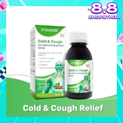 VITAHERB Cold & Cough Ivy Leaf & Pelargonium Syrup (To Relief Cold & Cough, Sore Throat, Phlegm & Throat Irritation) 120ml