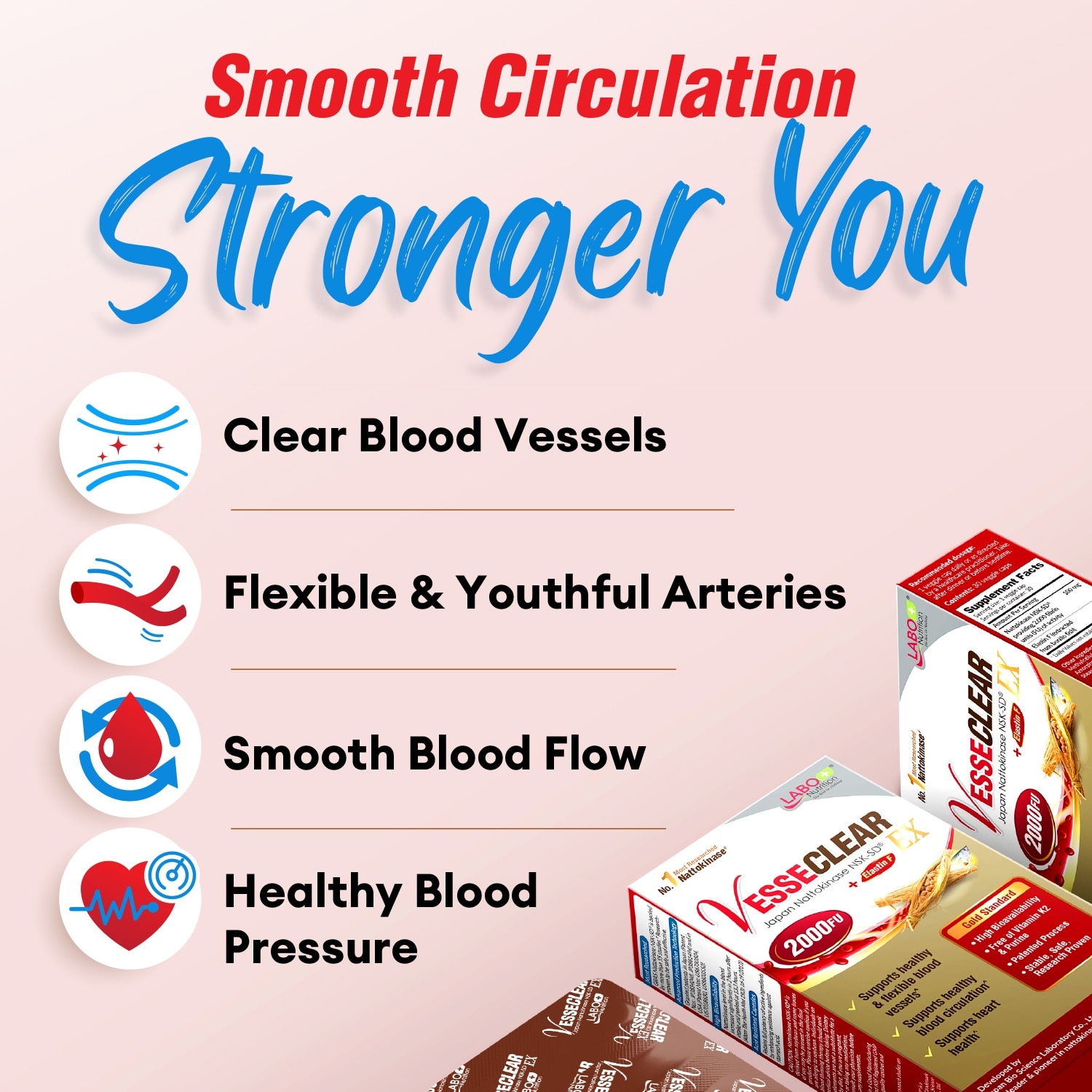 EX Dietary Supplement capsule (Nattokinase 2000FU + Elastin F for Clean & Flexible Blood Vessel, Healthy Blood Pressure, Circulation, and Heart) 30s