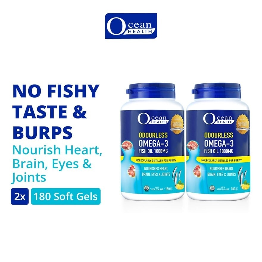 Odourless Omega-3 Fish Oil Softgel 1000mg Packset(For Heart, Brain, Eyes & Joints + Halal) 180s x 2