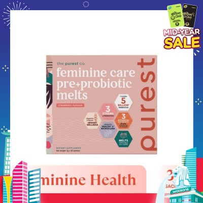 THE PUREST CO Feminine Care Pre+Probiotic Melts Strawberry Dietary Supplement Sachet (For Feminine Health Balance & Urinary Tract Health Support) 30s