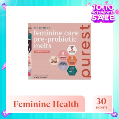 THE PUREST CO Feminine Care Pre+Probiotic Melts Strawberry Dietary Supplement Sachet (For Feminine Health Balance & Urinary Tract Health Support) 30s