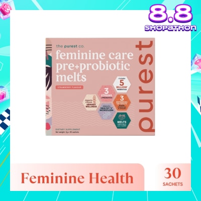 THE PUREST CO Feminine Care Pre+Probiotic Melts Strawberry Dietary Supplement Sachet (For Feminine Health Balance & Urinary Tract Health Support) 30s