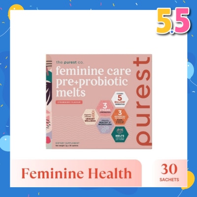 THE PUREST CO Feminine Care Pre+Probiotic Melts Strawberry Dietary Supplement Sachet (For Feminine Health Balance & Urinary Tract Health Support) 30s