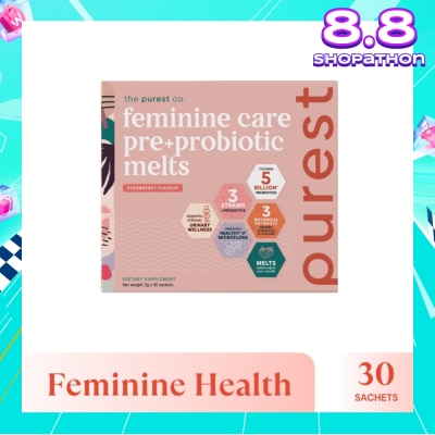 THE PUREST CO Feminine Care Pre+Probiotic Melts Strawberry Dietary Supplement Sachet (For Feminine Health Balance & Urinary Tract Health Support) 30s