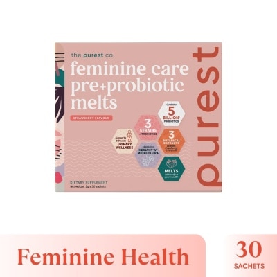 THE PUREST CO Feminine Care Pre+Probiotic Melts Strawberry Dietary Supplement Sachet (For Feminine Health Balance & Urinary Tract Health Support) 30s