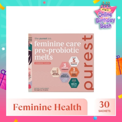 THE PUREST CO Feminine Care Pre+Probiotic Melts Strawberry Dietary Supplement Sachet (For Feminine Health Balance & Urinary Tract Health Support) 30s
