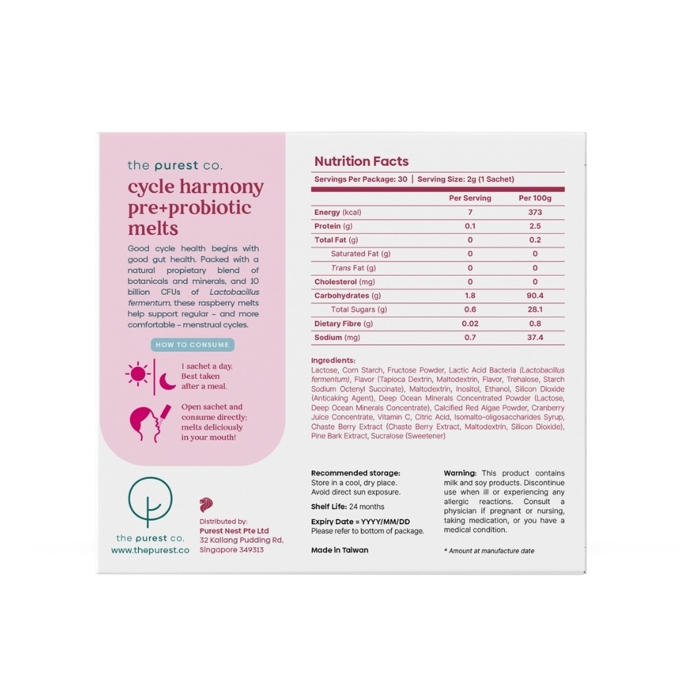 Cycle Harmony Pre+Probiotic Melts Rasberry Dietary Supplement Sachet (For Menstrual Health Balance & PMS Symptoms) 30s