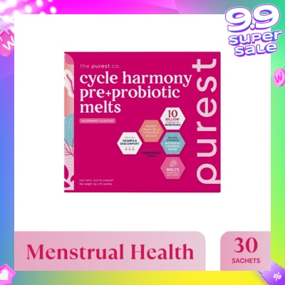 THE PUREST CO Cycle Harmony Pre+Probiotic Melts Rasberry Dietary Supplement Sachet (For Menstrual Health Balance & PMS Symptoms) 30s