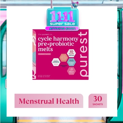 THE PUREST CO Cycle Harmony Pre+Probiotic Melts Rasberry Dietary Supplement Sachet (For Menstrual Health Balance & PMS Symptoms) 30s image