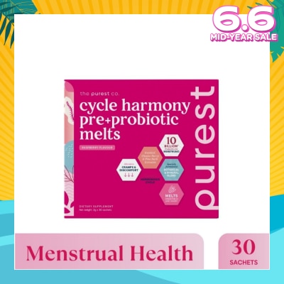THE PUREST CO Cycle Harmony Pre+Probiotic Melts Rasberry Dietary Supplement Sachet (For Menstrual Health Balance & PMS Symptoms) 30s