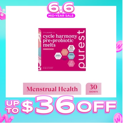THE PUREST CO - Cycle Harmony Pre+Probiotic Melts Rasberry Dietary Supplement Sachet (For Menstrual Health Balance & PMS Symptoms) 30s