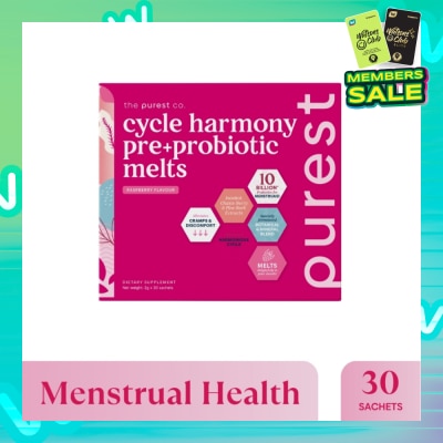 THE PUREST CO Cycle Harmony Pre+Probiotic Melts Rasberry Dietary Supplement Sachet (For Menstrual Health Balance & PMS Symptoms) 30s