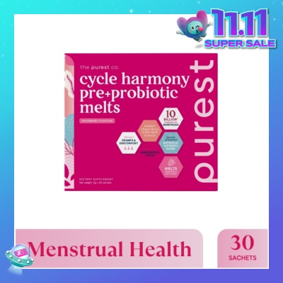 THE PUREST CO Cycle Harmony Pre+Probiotic Melts Rasberry Dietary Supplement Sachet (For Menstrual Health Balance & PMS Symptoms) 30s