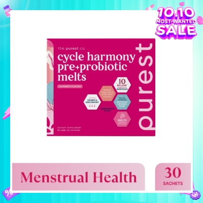 THE PUREST CO Cycle Harmony Pre+Probiotic Melts Rasberry Dietary Supplement Sachet (For Menstrual Health Balance & PMS Symptoms) 30s