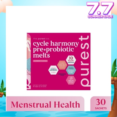 THE PUREST CO Cycle Harmony Pre+Probiotic Melts Rasberry Dietary Supplement Sachet (For Menstrual Health Balance & PMS Symptoms) 30s