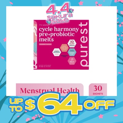 THE PUREST CO - Cycle Harmony Pre+Probiotic Melts Rasberry Dietary Supplement Sachet (For Menstrual Health Balance & PMS Symptoms) 30s (Expiry: Sep`2026)