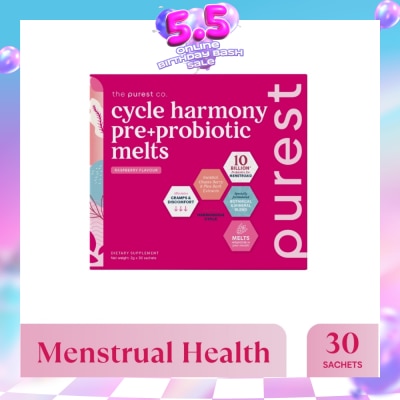 THE PUREST CO - Cycle Harmony Pre+Probiotic Melts Rasberry Dietary Supplement Sachet (For Menstrual Health Balance & PMS Symptoms) 30s (Expiry: Sep`2026)