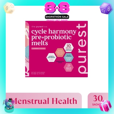 THE PUREST CO - Cycle Harmony Pre+Probiotic Melts Rasberry Dietary Supplement Sachet (For Menstrual Health Balance & PMS Symptoms) 30s