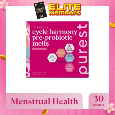 THE PUREST CO Cycle Harmony Pre+Probiotic Melts Rasberry Dietary Supplement Sachet (For Menstrual Health Balance & PMS Symptoms) 30s (Expiry: Sep`2026)