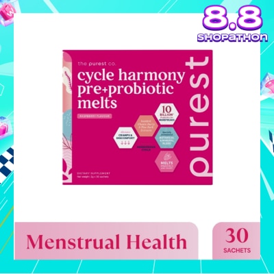 THE PUREST CO Cycle Harmony Pre+Probiotic Melts Rasberry Dietary Supplement Sachet (For Menstrual Health Balance & PMS Symptoms) 30s