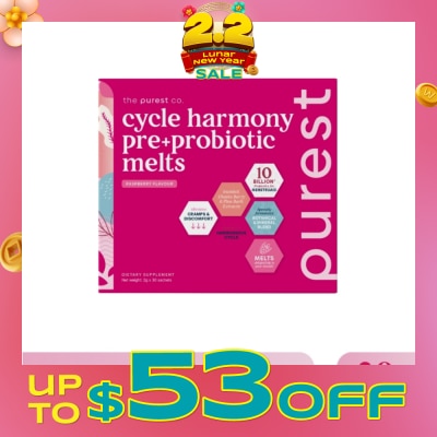 THE PUREST CO Cycle Harmony Pre+Probiotic Melts Rasberry Dietary Supplement Sachet (For Menstrual Health Balance & PMS Symptoms) 30s (Expiry: Sep`2026)