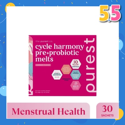 THE PUREST CO Cycle Harmony Pre+Probiotic Melts Rasberry Dietary Supplement Sachet (For Menstrual Health Balance & PMS Symptoms) 30s