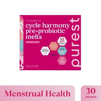 THE PUREST CO Cycle Harmony Pre+Probiotic Melts Rasberry Dietary Supplement Sachet (For Menstrual Health Balance & PMS Symptoms) 30s