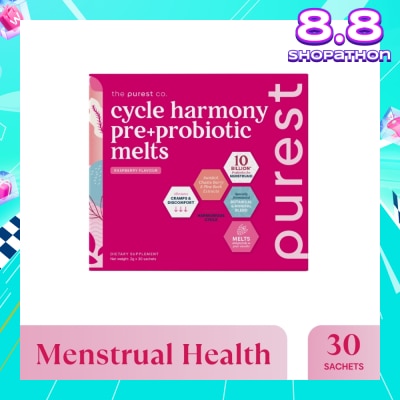 THE PUREST CO Cycle Harmony Pre+Probiotic Melts Rasberry Dietary Supplement Sachet (For Menstrual Health Balance & PMS Symptoms) 30s